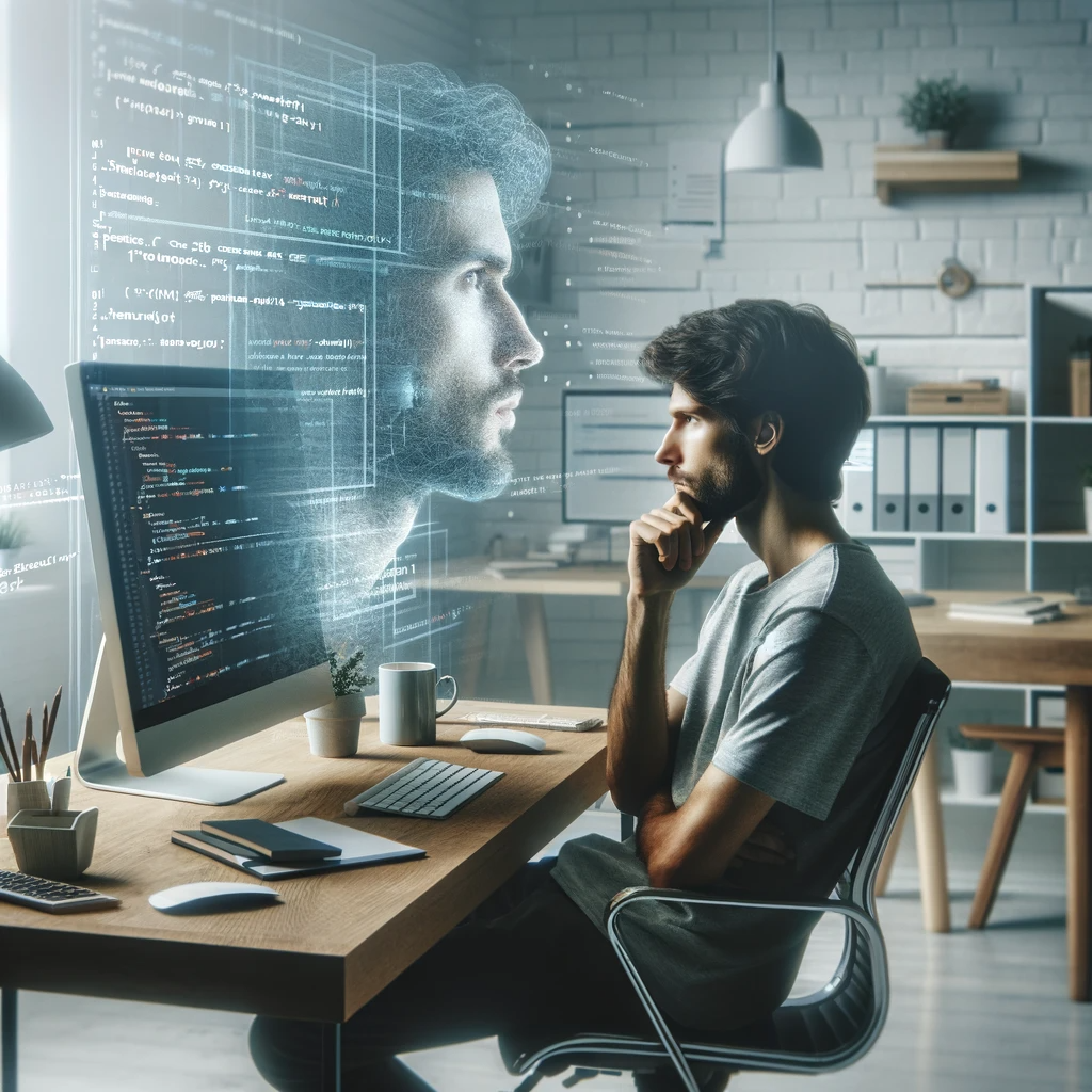 Software developer looking at a computer screen and deep in thought