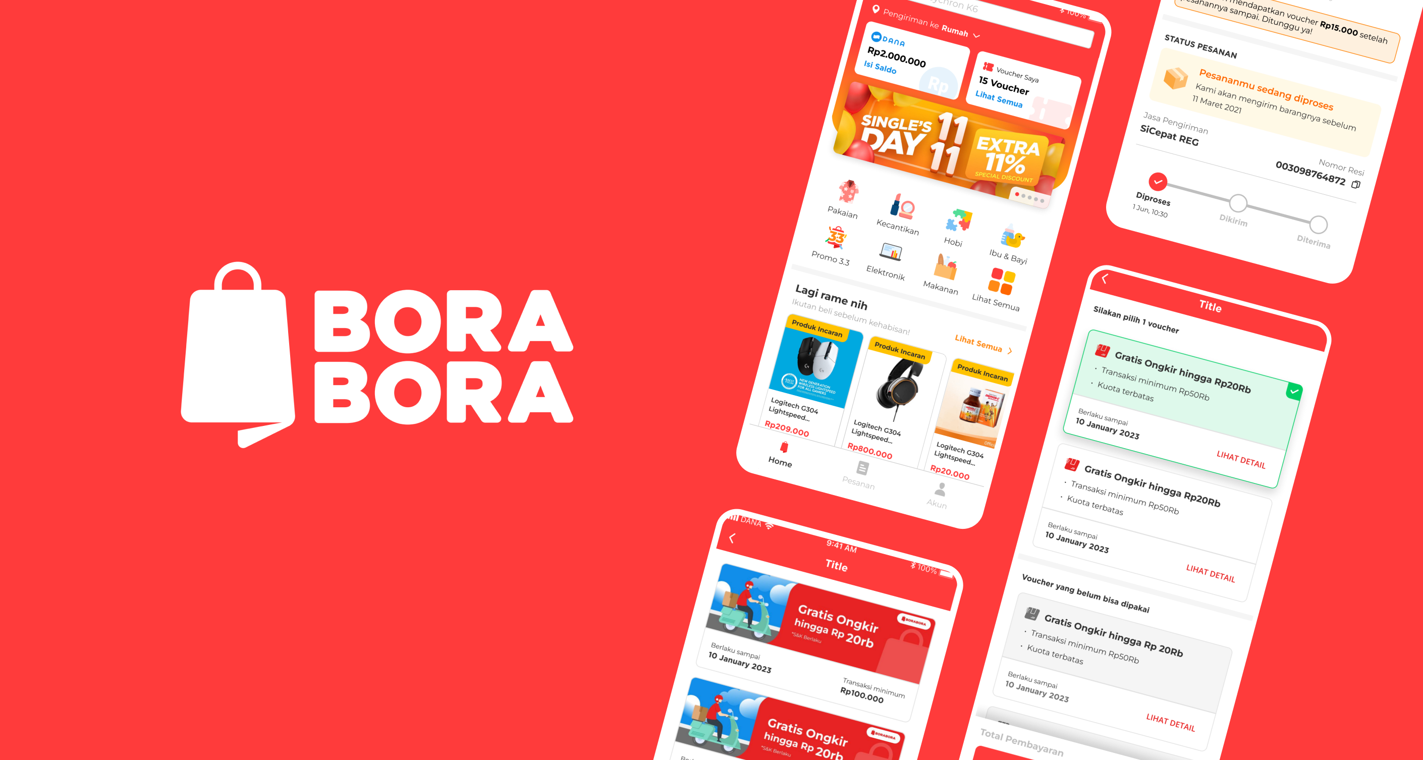 Screenshots of the app version of Dana BoraBora showing Sign up, Home and Product List pages