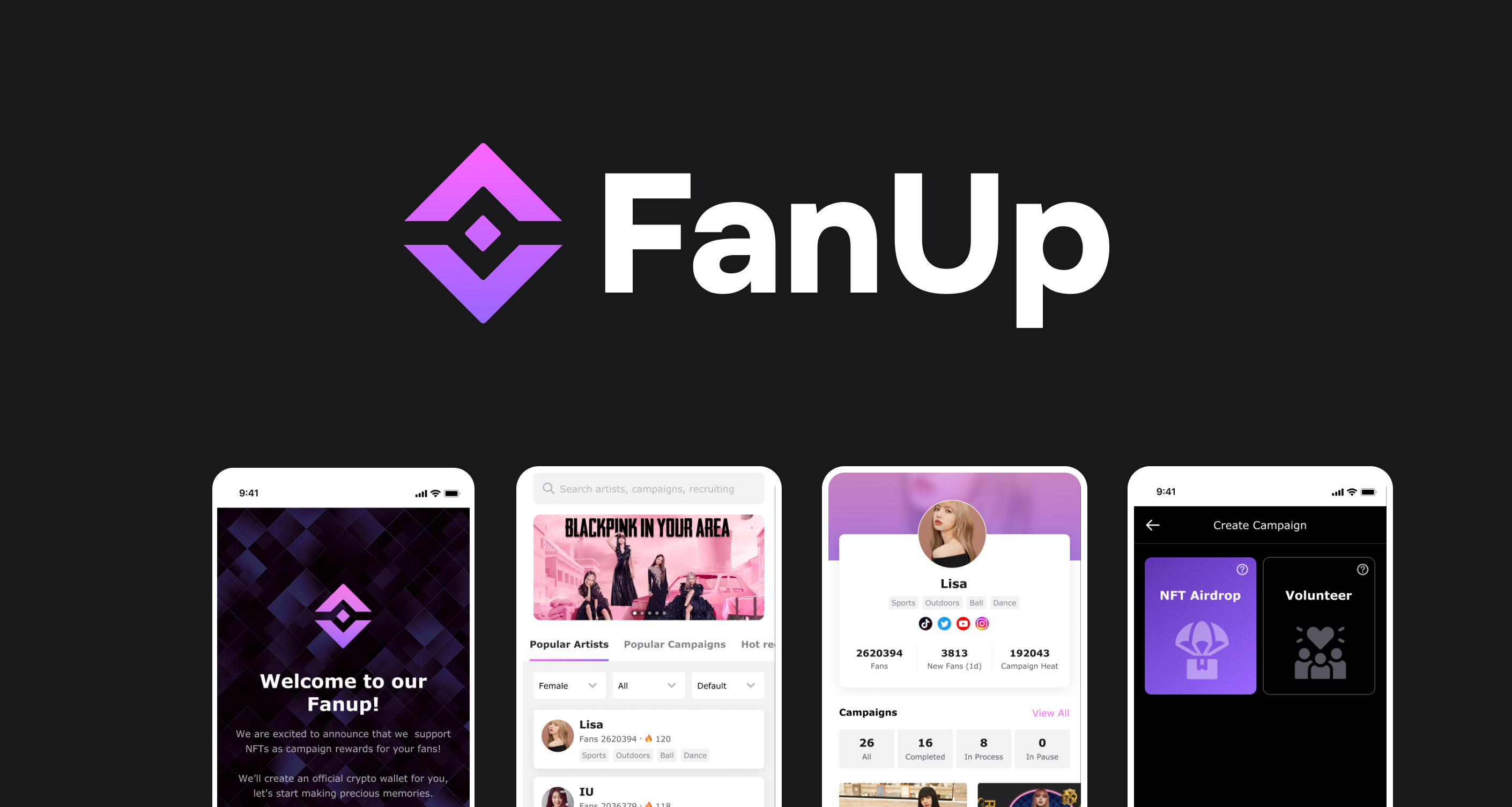 Screenshots of the app version of FanUp showing Welcome, Artists List, Artist Detail and Create Campaign pages