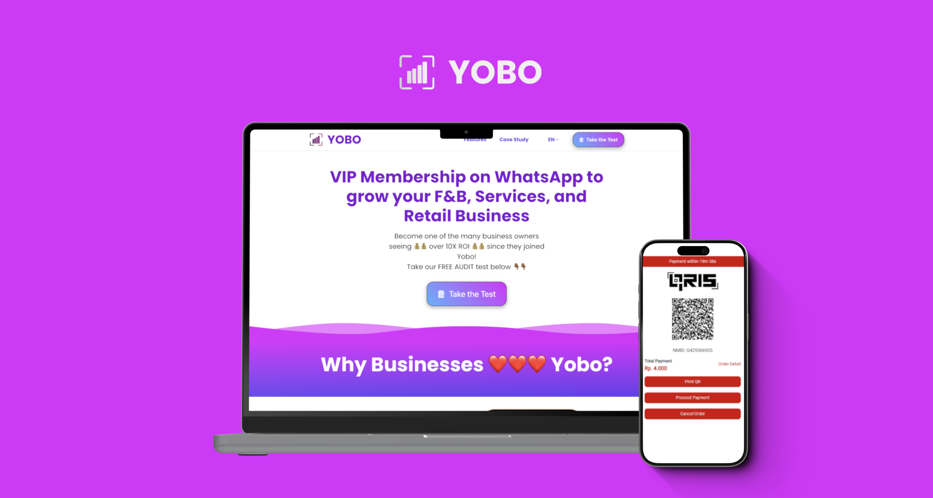 Screenshots of the web and app version of Yobo showing the Home and Payment pages