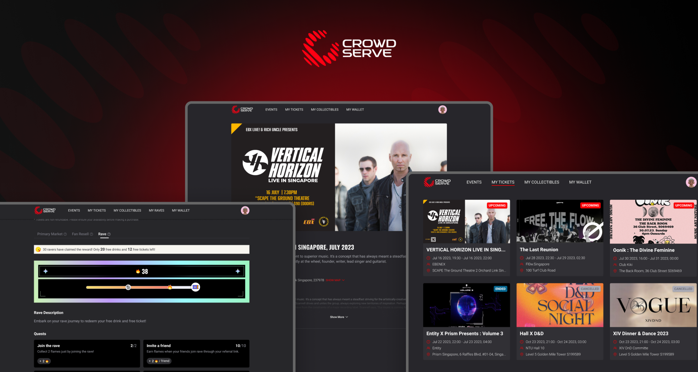 Screenshots of the web version of CrowdServe showing Rave, Event Detail and Event List pages