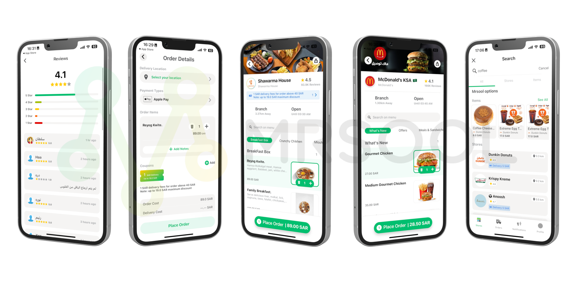 Screenshots of the app version of Mrsool showing App Review, Order Detail, Restaurant Details and Search pages