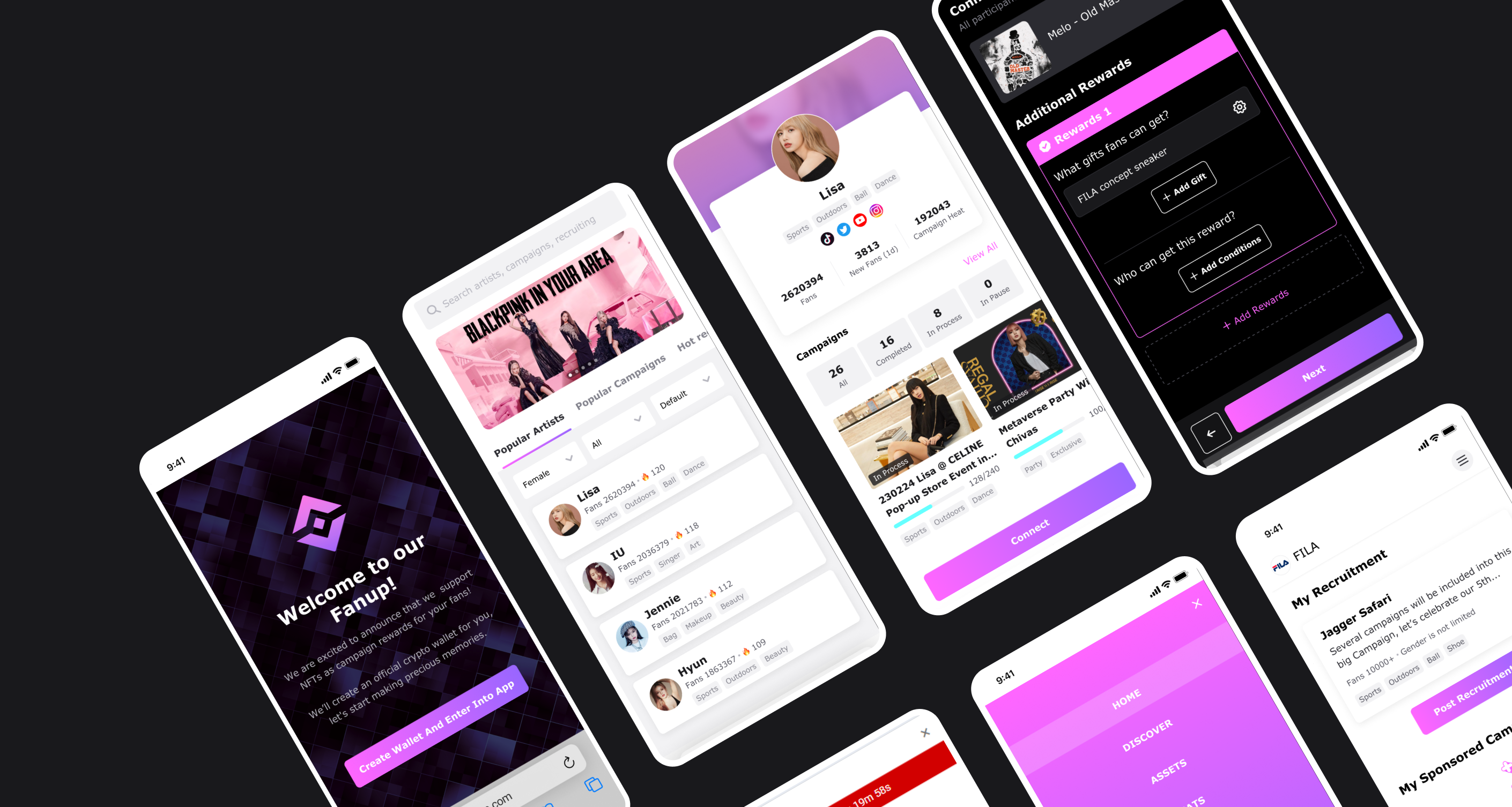 Screenshots of the app version of FanUp showing Welcome, Artists List, Artist Detail, Campaign Detail and My Recruitment pages