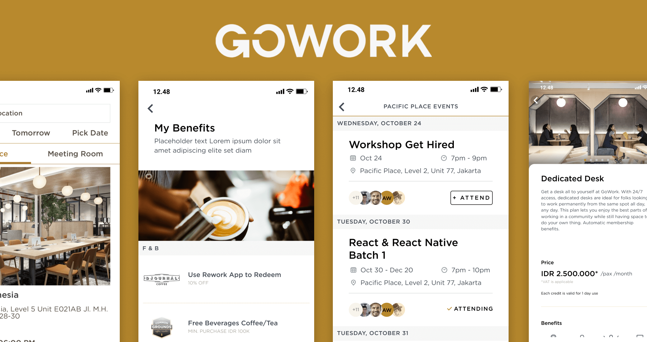 Screenshots of the app version of GoWork showing Meeting Rooms, My Benefits, Events, and Desktop detail page including price