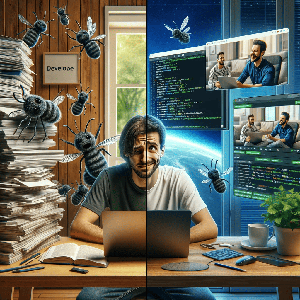Side-by-side comparison of two different developers, one stuck with problems and bugs, the other one is resourceful and seek help from other platforms and teammates.